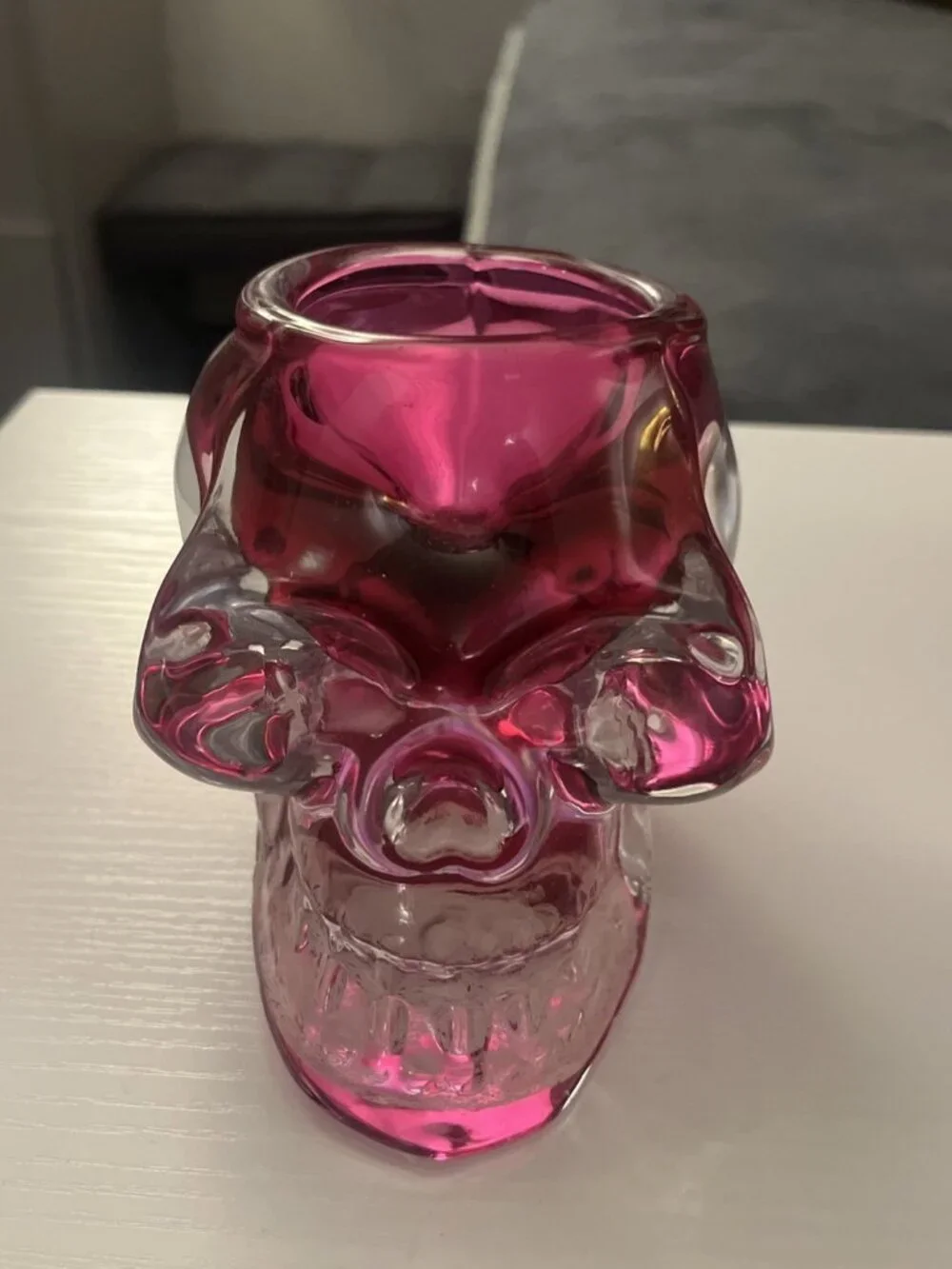 Pink & Clear Art Glass Skull Tealight Candle Holder Halloween 4” Tall